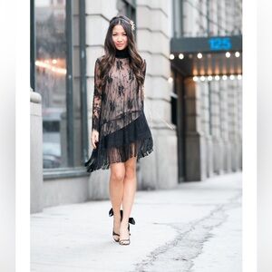 camilla & marc Black Sheer Lace Fringe Mini Dress Size 2